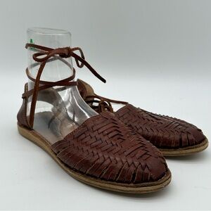 Women's Brown Leather Woven Huarache Flats that Lace up the Ankle